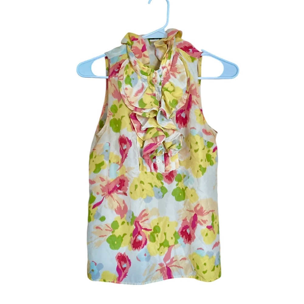 J.Crew 100% Silk Ruffle Neck Floral Blouse Size 4